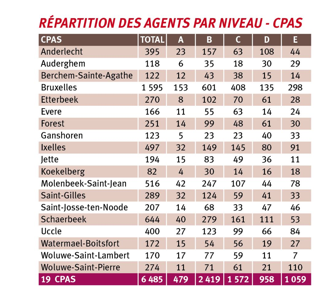 Les métiers de base en CPAS (AS et infirmières) sont au niveau B, d’où sa prépondérance. Il faut souhaiter que le niveau E soit supprimé et absorbé par le niveau supérieur.