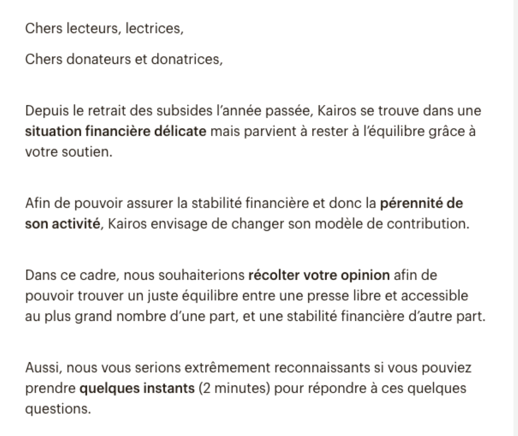 L’appel aux lecteurs lancé le 9 décembre 2022 dans la newsletter de Kairos.