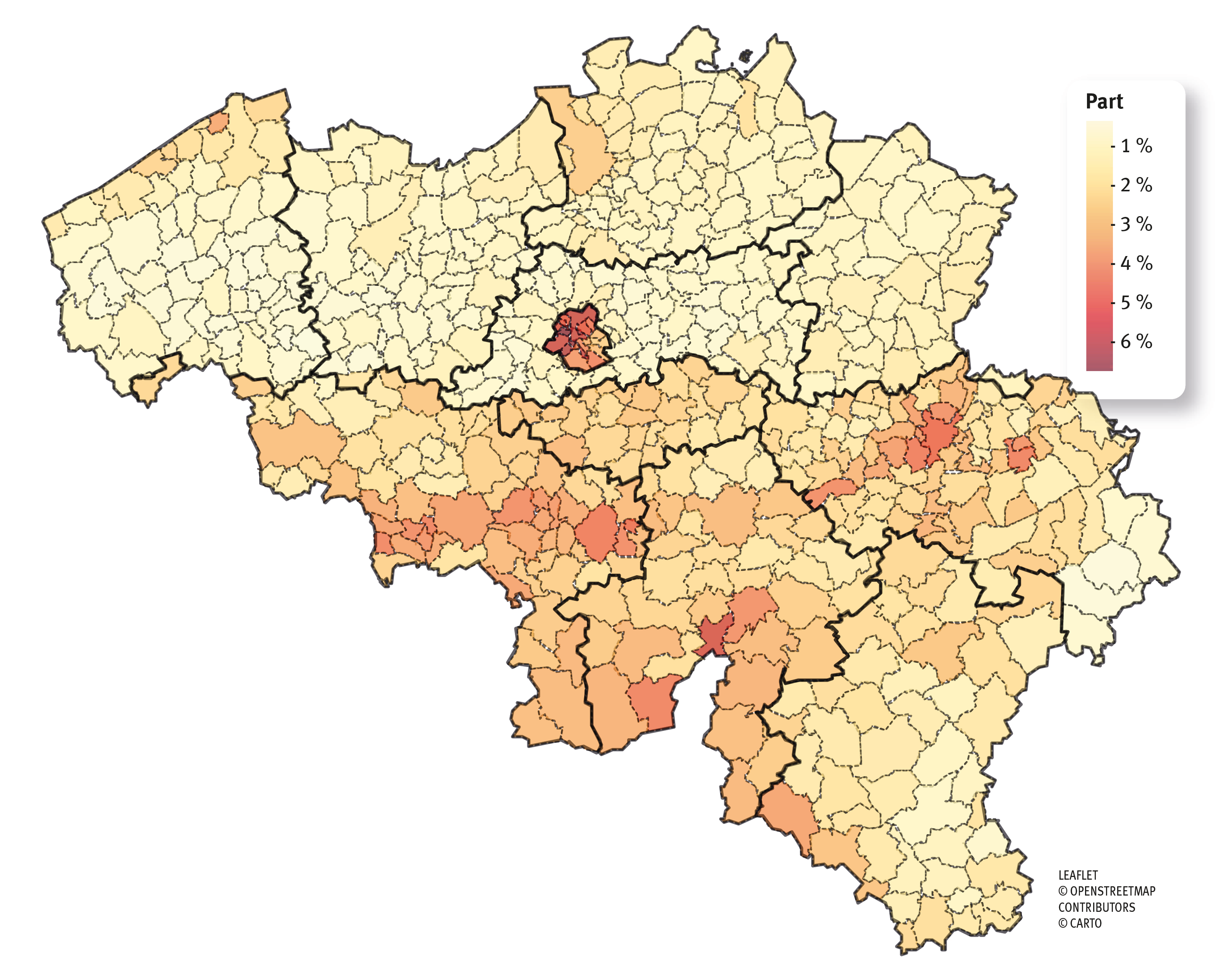Pourcentage de CCI DE de deux ans ou plus par rapport à la population d’âge actif (18- 64 ans) par commune sur l’ensemble de la Belgique. Chiffres ONEm 2022.