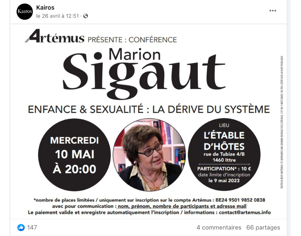 Le 26 avril, Kairos faisait la promo d’une conférence de la Française d’extrême droite Marion Sigaut. La vidéo de la conférence, elle, est passée à la trappe pour cause de dissensions internes…