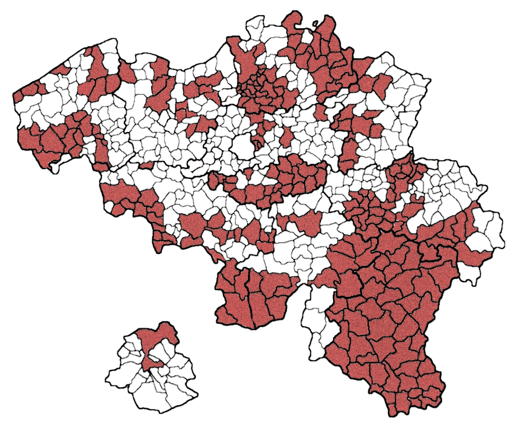 En rouge les 253 (parmi 305 ayant adopté un règlement sur la mendicité) villes et communes de Belgique dont le règlement comporte au moins une disposition problématique. Il s’agit de la situation à l'été 2022. Dans l’intervalle, des communes ont indiqué avoir opéré ou vouloir opérer des modifications de leur règlement de police. C'est notamment le cas de la zone de police de Gaume (Virton, Tintigny, Florenville, Rouvroy, Chiny, Etalle, Meix-devant-Virton) dont au moins deux communes ont procédé à une modification du règlement de police de la zone.