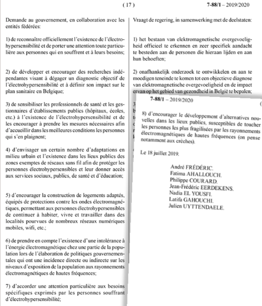 Le texte proposé au vote était résumé en huit points : un vote positif aurait représenté une avancée significative dans la reconnaissance des souffrances des personnes électrosensibles.