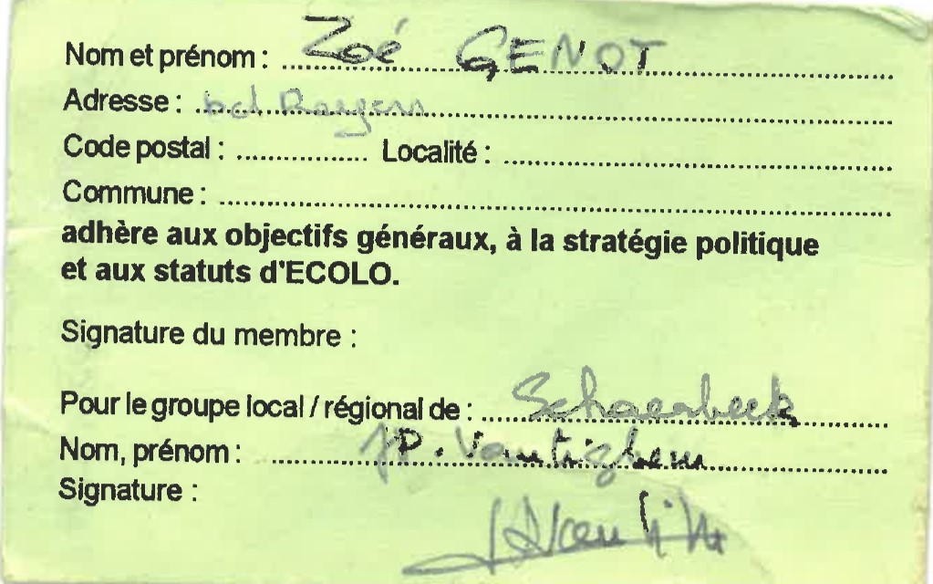 1997. Carte de membre. Zoé Genot « adhère aux objectifs généraux, à la stratégie politique et aux statuts d'ECOLO »