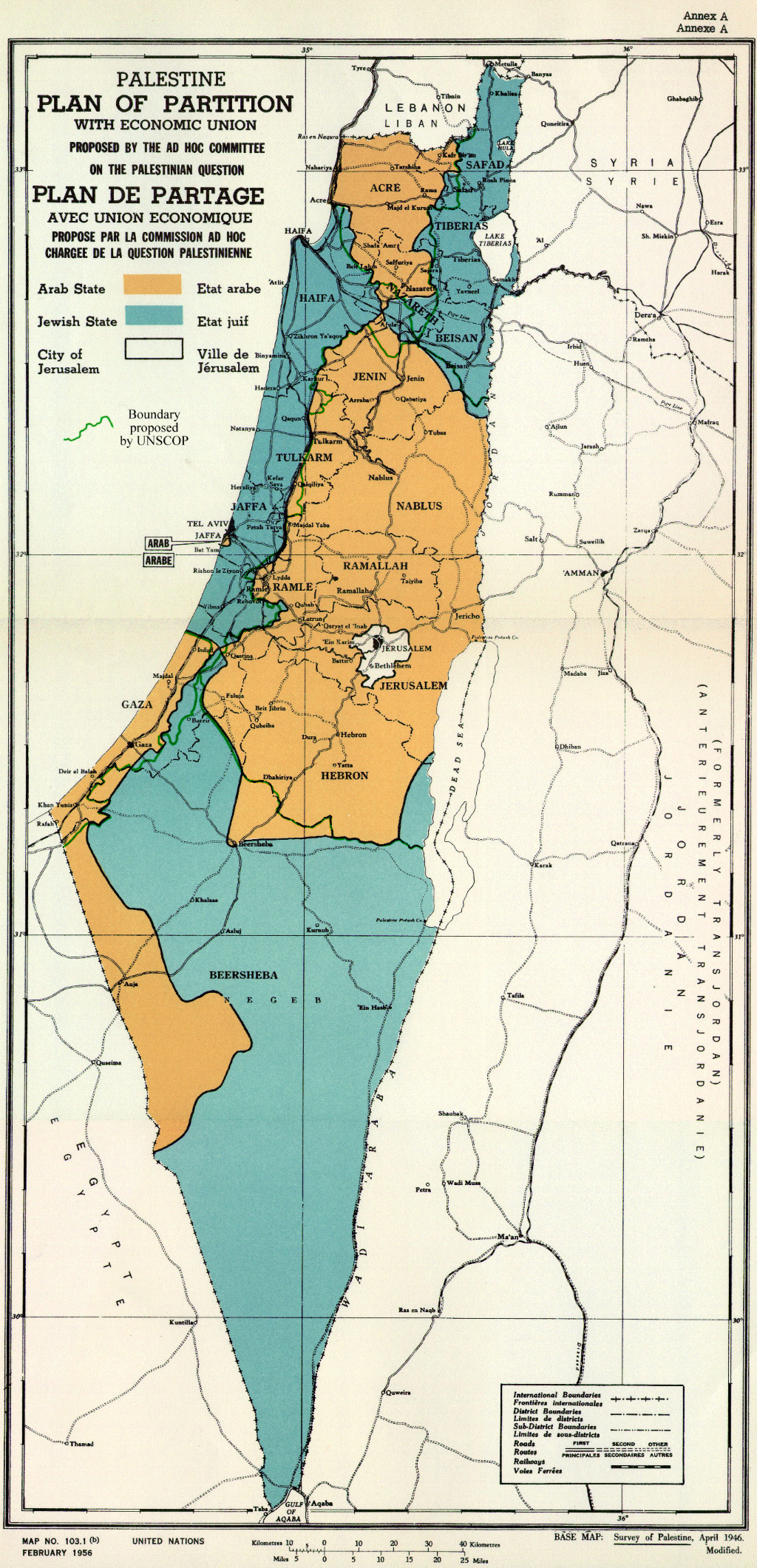 Carte 1 - 1947. Le plan de partage la Palestine de l’ONU adopté en le 29 novembre 1947 (résolution 181 de l’Assemblée des Nations Unies). En bleu, le territoire prévu pour l’État juif, en beige le territoire prévu pour l’État arabe. « Cette décision était extrêmement favorable aux colons sionistes et aux Juifs de Palestine, qui n’étaient propriétaires que d’environ 6,5 % de la superficie de la Palestine mandataire et ne constituaient que moins d’un tiers de sa population. »