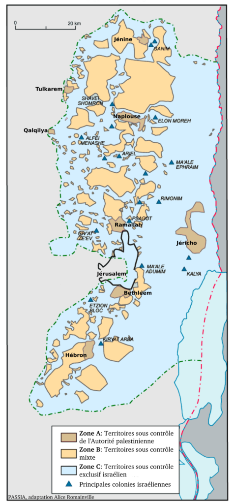 Carte 4 : 1995 - Zones « autonomes » palestiniennes de Cisjordanie. (publiée dans le livre de M.S., p. 329.). En brun (zone A) : Territoires sous contrôle de l'Autorité palestinienne. En beige (zone B) : Territoires sous contrôle mixte. En bleu (zone C) : Territoires sous contrôle israélien exclusif. « Plus de 60 % de la Cisjordanie est restée sous le contrôle total d’Israël. L’Autorité palestinienne créée en application des accords n’exerce un contrôle limité que sur des territoires complètement parcellisés. »