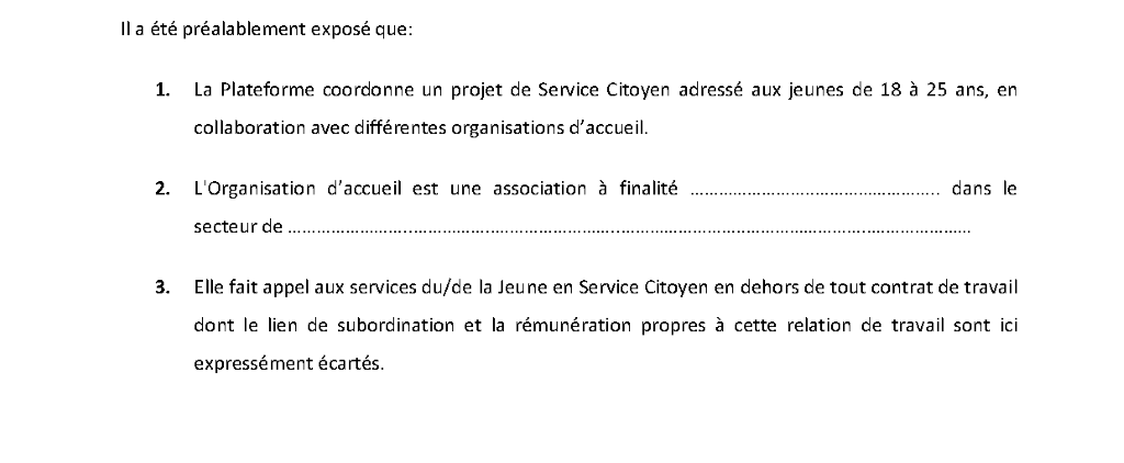 La « Convention de volontariat dans le cadre du Service Citoyen » stipule que la plateforme « fait appel aux services du/de la Jeune en Service Citoyen en dehors de tout contrat de travail dont le lien de subordination et la rémunération propres à cette relation de travail sont ici expressément écartés ».