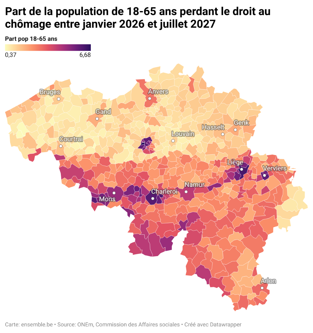 La carte montre la part que représentent, dans chaque commune, les futurs exclus dans la population en âge de travailler (18-65 ans). Les 141 communes les plus touchées sont toutes en Wallonie et à Bruxelles. (Source : ONEm et Statbel)