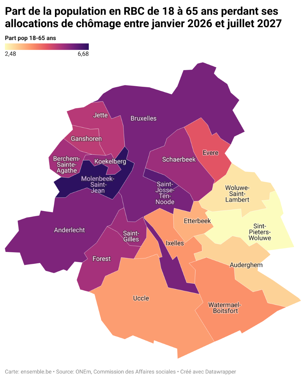 Les fins de droit frappent plus fortement la région de Bruxelles-Capitale, en particulier ses communes déjà les plus pauvres.(Source : ONEm et Statbel)