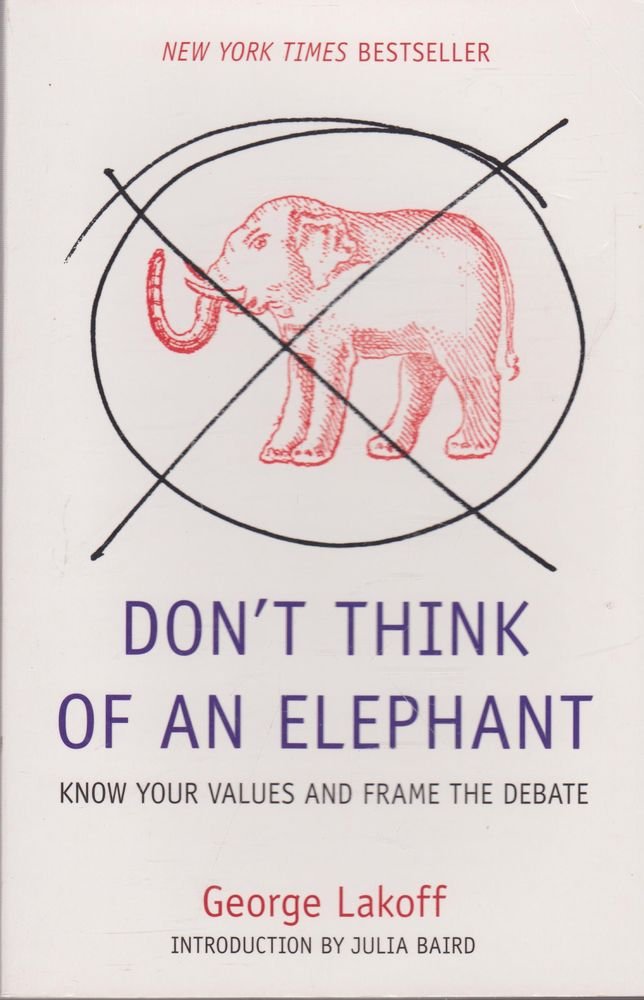 Lakoff : “Don’t think of an Elephant - Know your values and frame the debate” (2004). On ne gagne pas en barrant le symbole de l’adversaire, mais en imposant le sien. Les mots de l’adversaire diffusent son cadre mental (frame).
