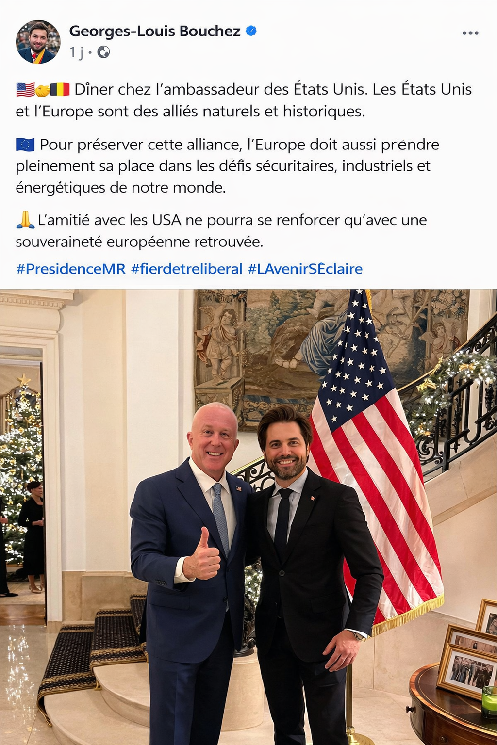 G-L. Bouchez, 16.12.25. «&nbsp;Dîner chez l’ambassadeur des États Unis. Les États-unis et l’Europe sont des alliés naturels et historiques ».