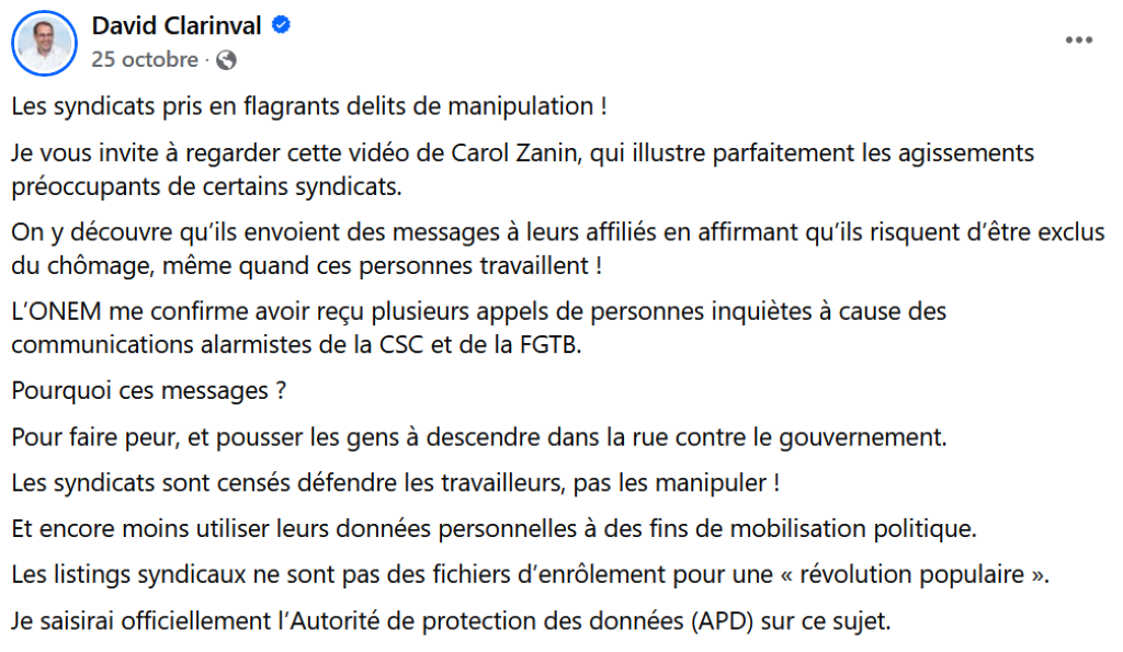 25.10.25, 15h46. David Clarinval, partage la vidéo de Carol Zanin : « Les syndicats pris en flagrant délit de manipulation ! Je vous invite à regarder cette vidéo de Carol Zanin ».