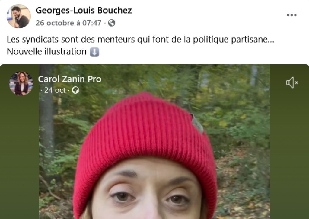 26.10.25, 7 h 47. G-L. Bouchez partage la vidéo : « Les syndicats sont des menteurs qui font de la politique partisane… Nouvelle illustration ».
