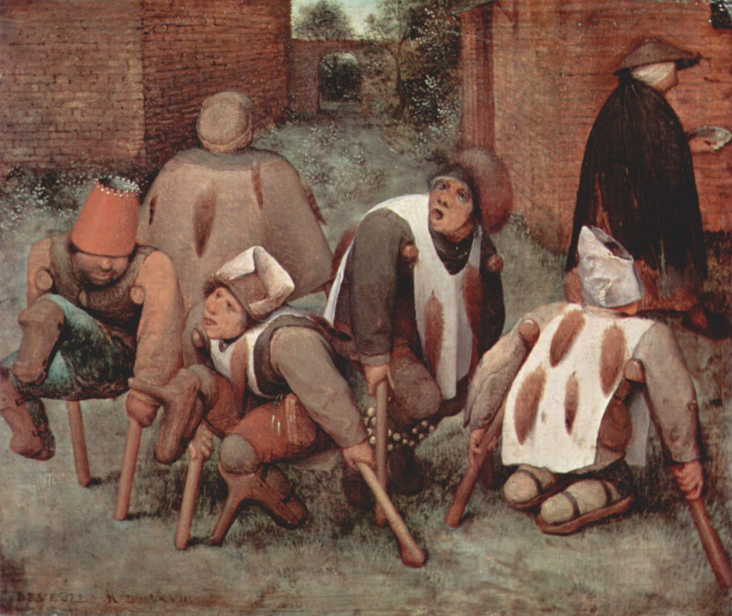« Les Mendiants »de Pieter Brueghel l’Ancien. La reproduction fait partie des 10.000 peintures compilées par le Yorck Project. Cette compilation est gérée par Zenodot Verlagsgesellschaft mbH et mise sous licence GNU Free Documentation License.