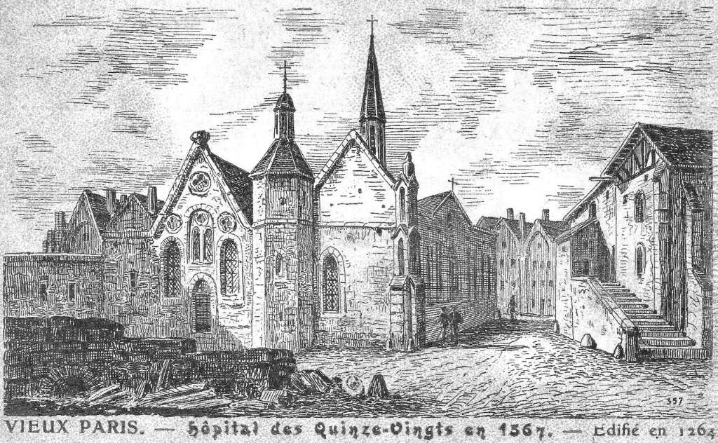 L’hôpital des Quinze-vingts à Paris, sans doute le plus célèbre des hospices civils. De telles initiatives publiques n’arriveront que bien plus tard en Belgique. Crédit : Carte postale de 1900. Libre de droits.