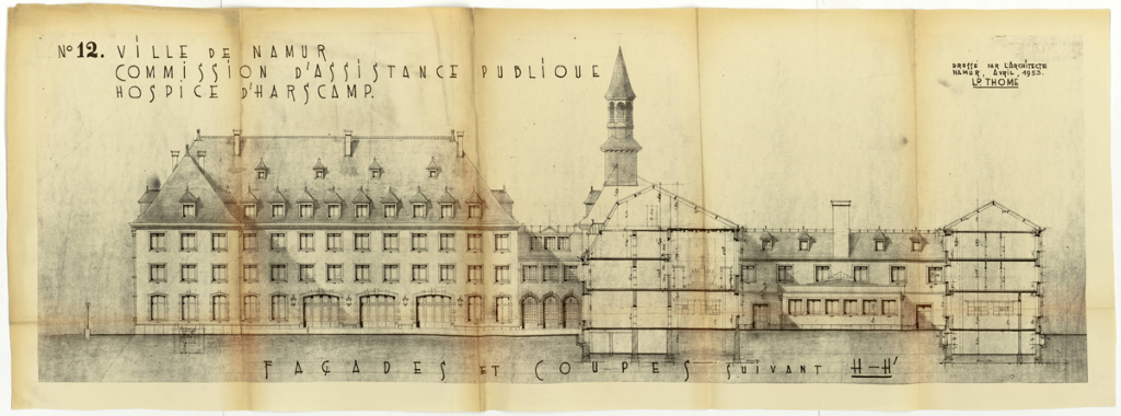 Le patrimoine des CAP, dont celui hérité des Bureaux de bienfaisance et des hospices civils, a permis aux CAP de développer leur activité. Ici, l’ancien hospice d’Harscamp (Namur) transformé en maison de repos. Crédit&nbsp;: CPAS de Namur, Archives de la Commission d’assistance publique de Namur, 1953.